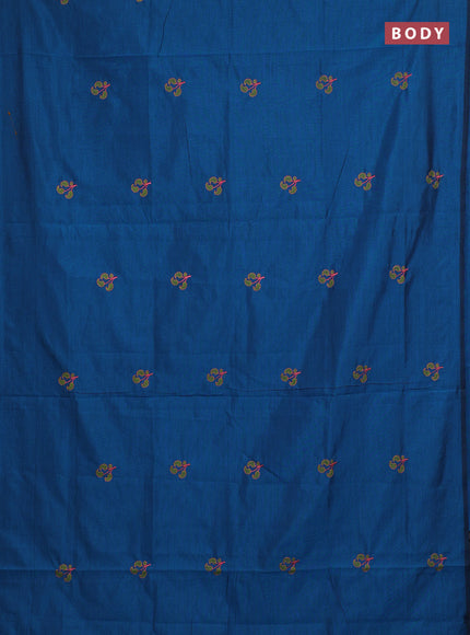 Peacock Blue & Green Semi Silk Cotton Saree - Embroidery
