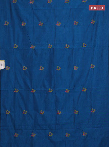 Peacock Blue & Green Semi Silk Cotton Saree - Embroidery