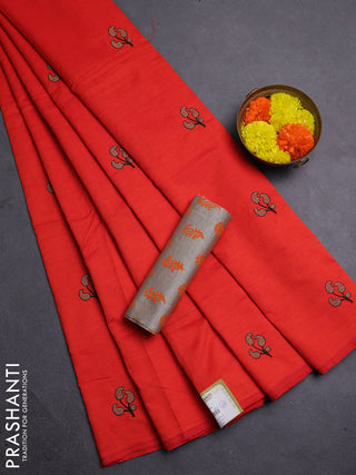 Orange & Beige Semi Silk Cotton Saree - Embroidery