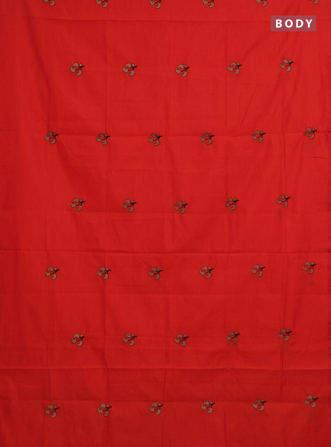 Orange & Beige Semi Silk Cotton Saree - Embroidery