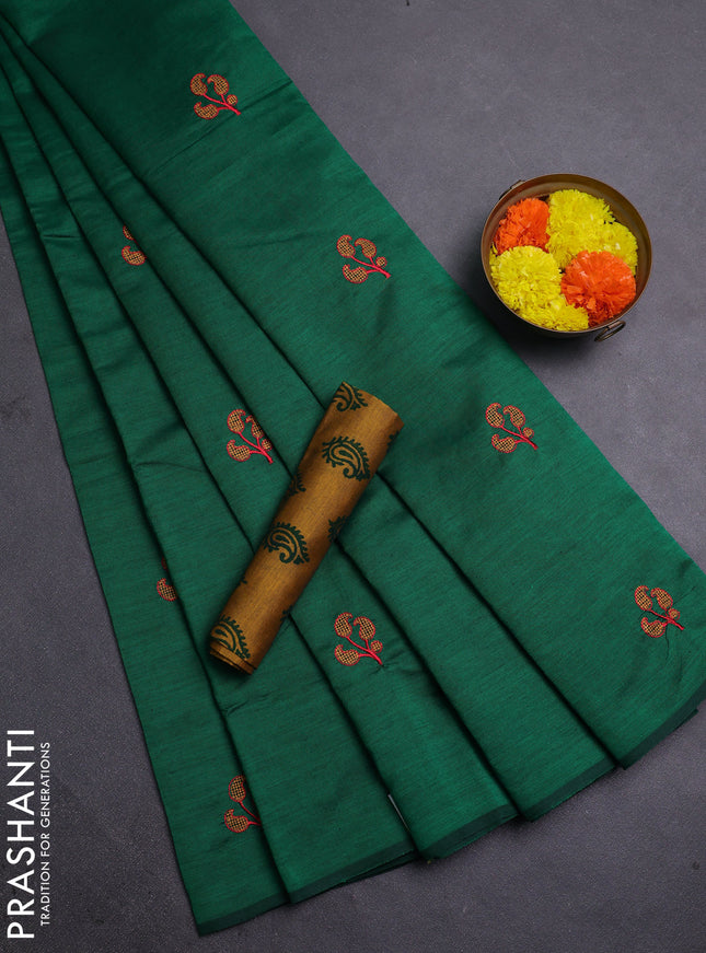 Green & Mustard Yellow Semi Silk Cotton Saree - Embroidery