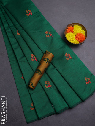 Green & Mustard Yellow Semi Silk Cotton Saree - Embroidery