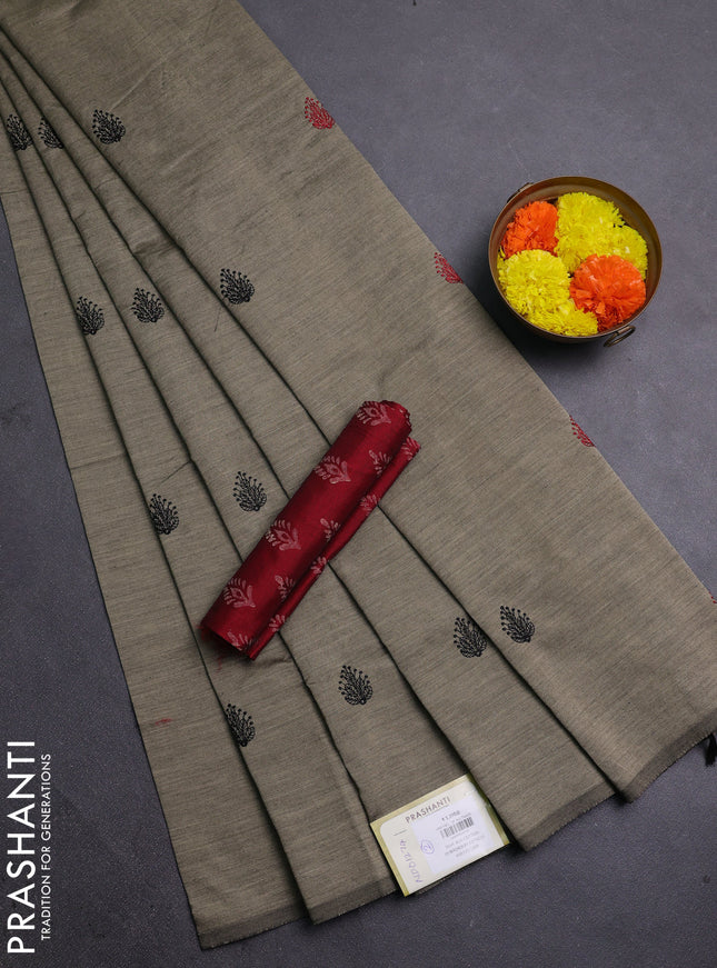 Chiku & Maroon Semi Silk Cotton Saree - Embroidery