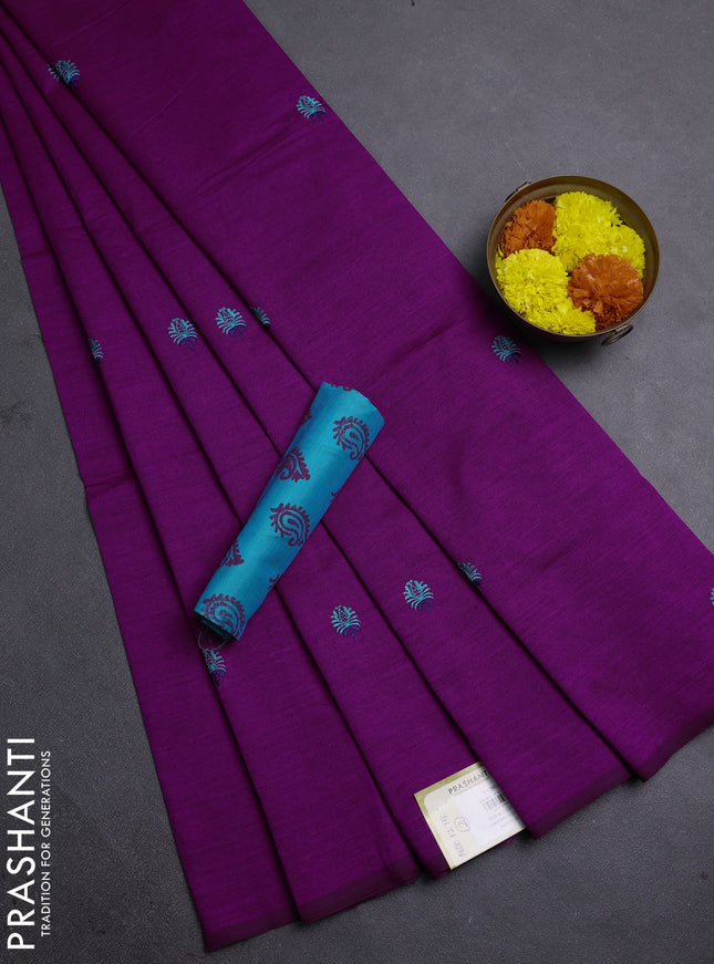 Magenta Pink & Teal Blue Semi Silk Cotton Saree - Embroidery