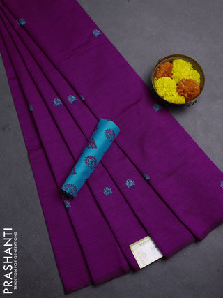 Magenta Pink & Teal Blue Semi Silk Cotton Saree - Embroidery