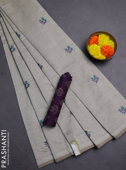 Beige & Purple Semi Silk Cotton Saree - Embroidery