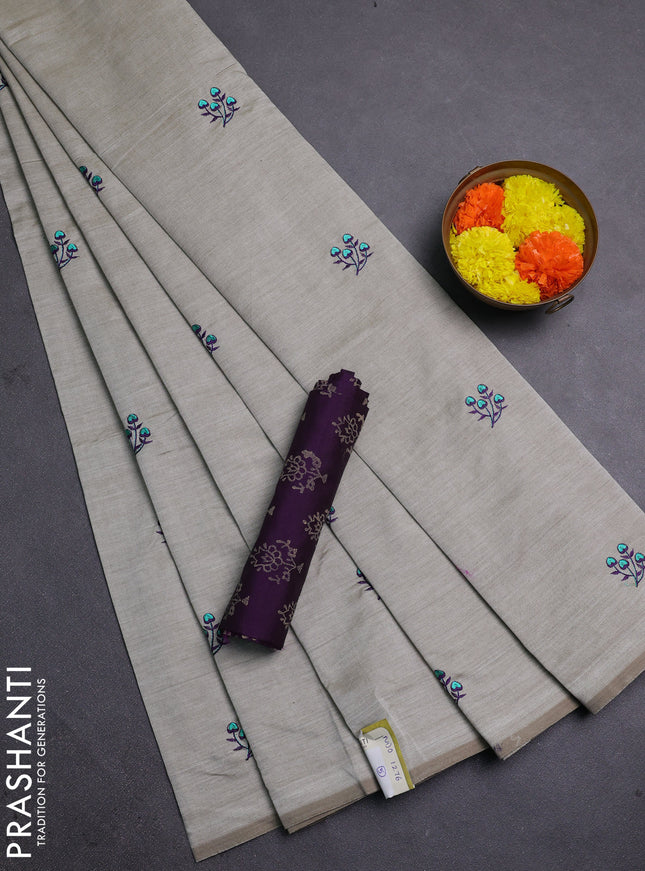Beige & Purple Semi Silk Cotton Saree - Embroidery