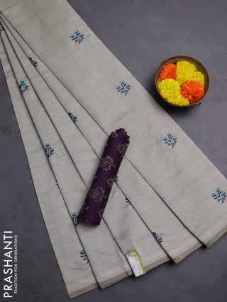 Beige & Purple Semi Silk Cotton Saree - Embroidery