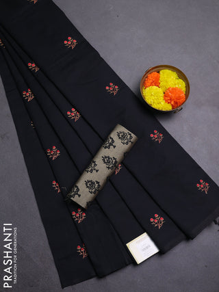 Black & Beige Semi Silk Cotton Saree - Embroidery