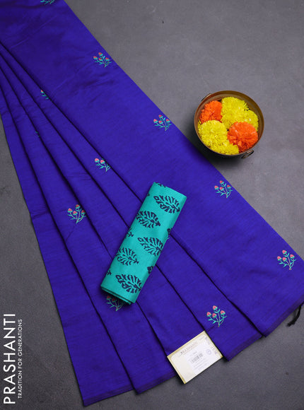 Blue & Teal Green Semi Silk Cotton Saree - Embroidery