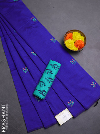 Blue & Teal Green Semi Silk Cotton Saree - Embroidery