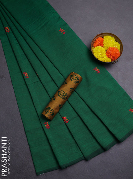 Green & Mustard Yellow Semi Silk Cotton Saree - Embroidery