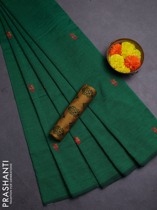 Green & Mustard Yellow Semi Silk Cotton Saree - Embroidery