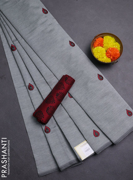 Grey & Maroon Semi Silk Cotton Saree - Embroidery