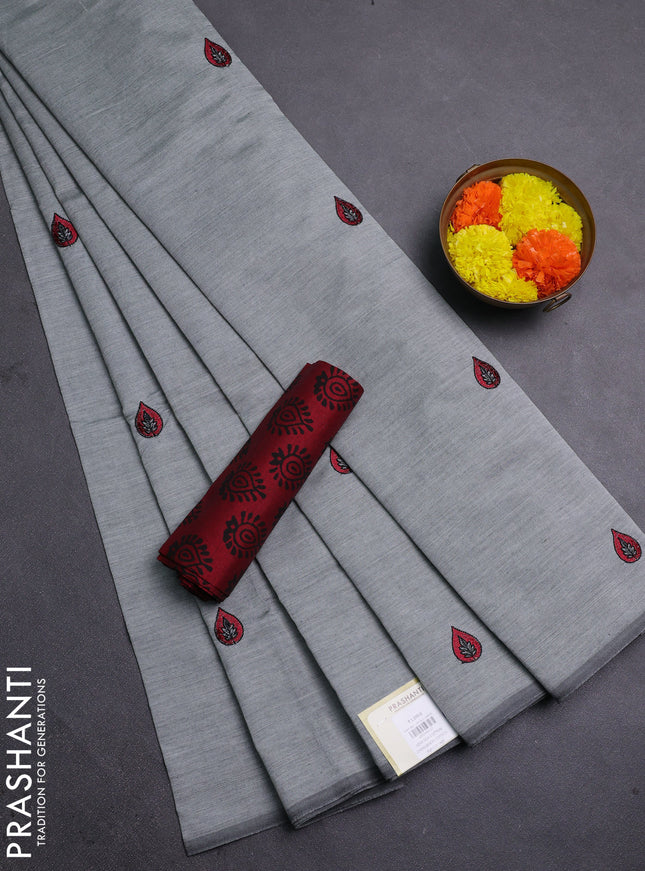 Grey & Maroon Semi Silk Cotton Saree - Embroidery