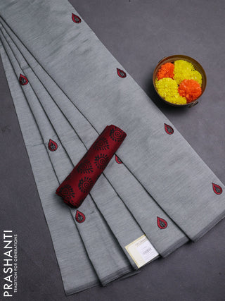 Grey & Maroon Semi Silk Cotton Saree - Embroidery