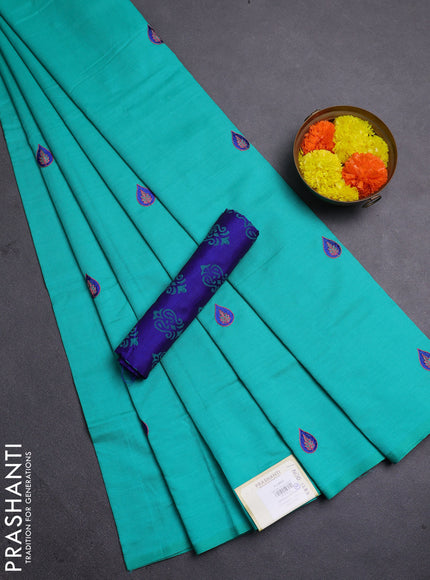 Teal Green & Blue Semi Silk Cotton Saree - Embroidery