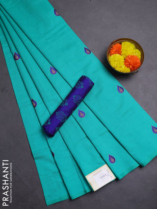 Teal Green & Blue Semi Silk Cotton Saree - Embroidery