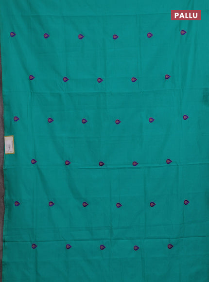 Teal Green & Blue Semi Silk Cotton Saree - Embroidery