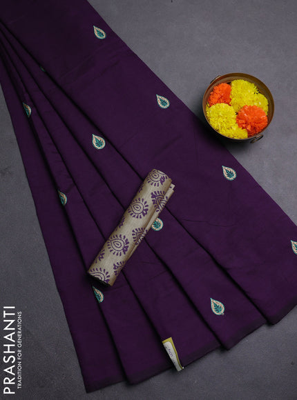 Purple & Beige Semi Silk Cotton Saree - Embroidery