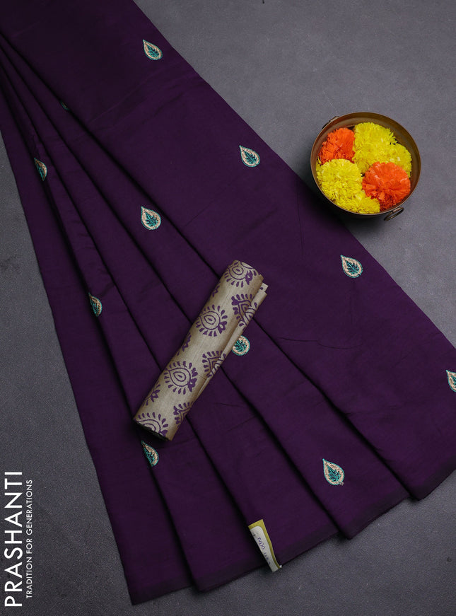 Purple & Beige Semi Silk Cotton Saree - Embroidery