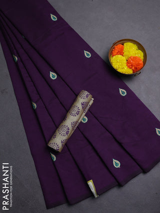 Purple & Beige Semi Silk Cotton Saree - Embroidery