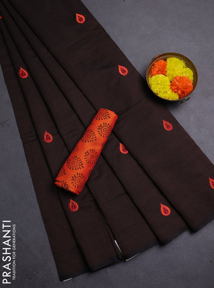 Coffee Brown & Orange Semi Silk Cotton Saree - Embroidery