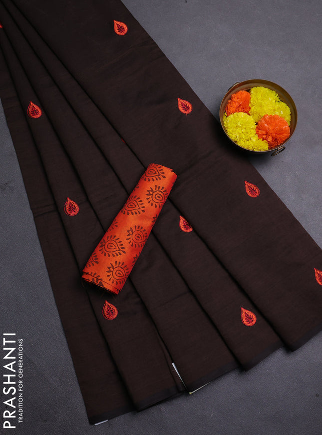 Coffee Brown & Orange Semi Silk Cotton Saree - Embroidery