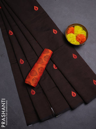 Coffee Brown & Orange Semi Silk Cotton Saree - Embroidery