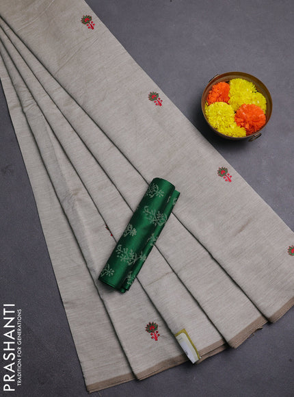 Beige & Green Semi Silk Cotton Saree - Embroidery