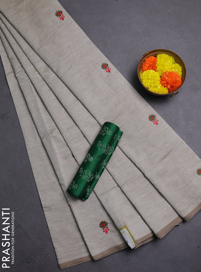 Beige & Green Semi Silk Cotton Saree - Embroidery