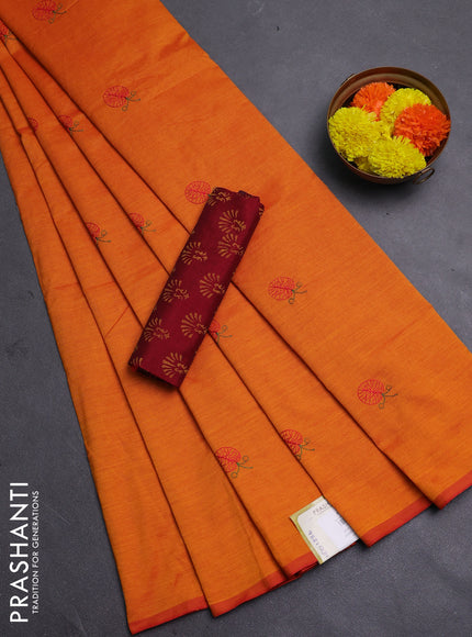 Sunset Orange & Maroon Semi Silk Cotton Saree - Embroidery