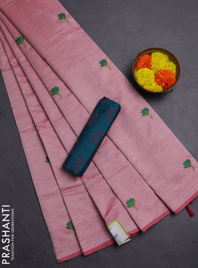 Peach & Teal Green Semi Silk Cotton Saree - Embroidery