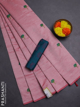 Peach & Teal Green Semi Silk Cotton Saree - Embroidery
