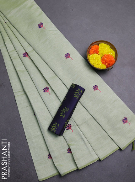 Pista Green & Navy Blue Semi Silk Cotton Saree - Embroidery