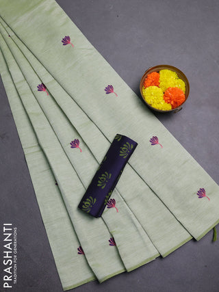 Pista Green & Navy Blue Semi Silk Cotton Saree - Embroidery