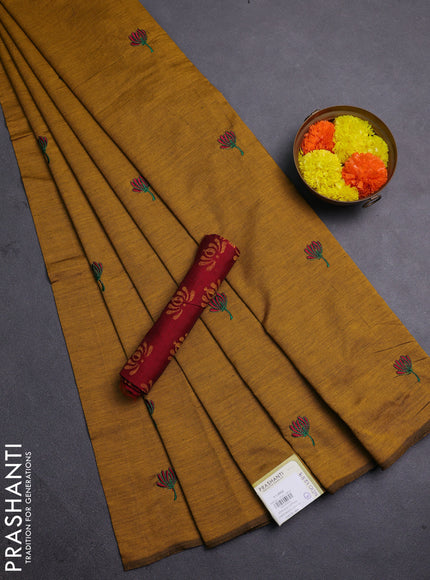 Mustard Yellow & Maroon Semi Silk Cotton Saree - Embroidery
