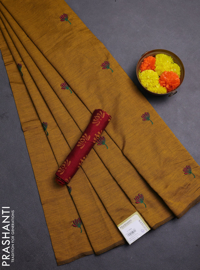Mustard Yellow & Maroon Semi Silk Cotton Saree - Embroidery