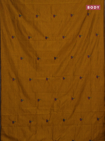Mustard Yellow & Maroon Semi Silk Cotton Saree - Embroidery