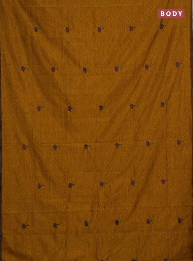Mustard Yellow & Maroon Semi Silk Cotton Saree - Embroidery