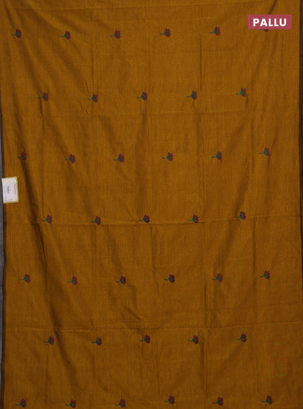 Mustard Yellow & Maroon Semi Silk Cotton Saree - Embroidery