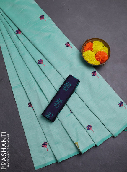 Teal Green & Navy Blue Semi Silk Cotton Saree - Embroidery