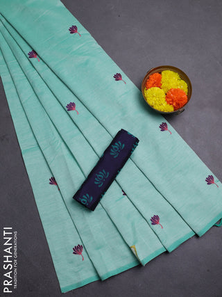 Teal Green & Navy Blue Semi Silk Cotton Saree - Embroidery