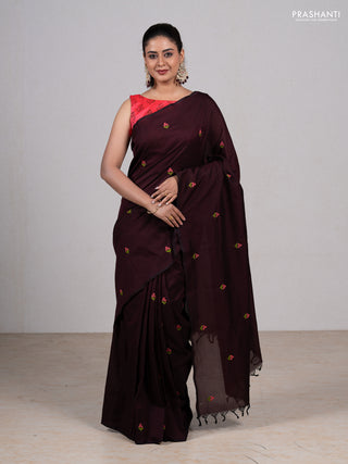 Coffee Brown & Candy Pink Semi Silk Cotton Saree - Embroidery
