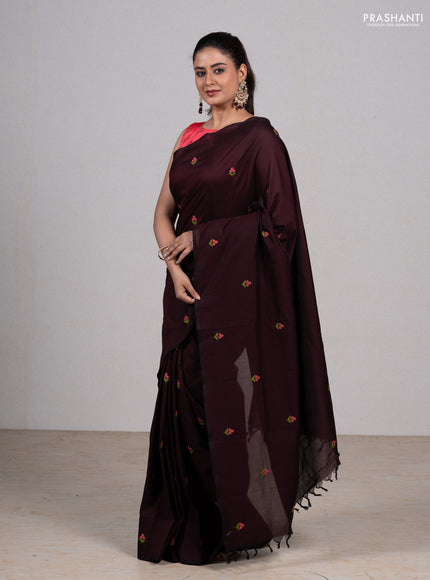 Coffee Brown & Candy Pink Semi Silk Cotton Saree - Embroidery