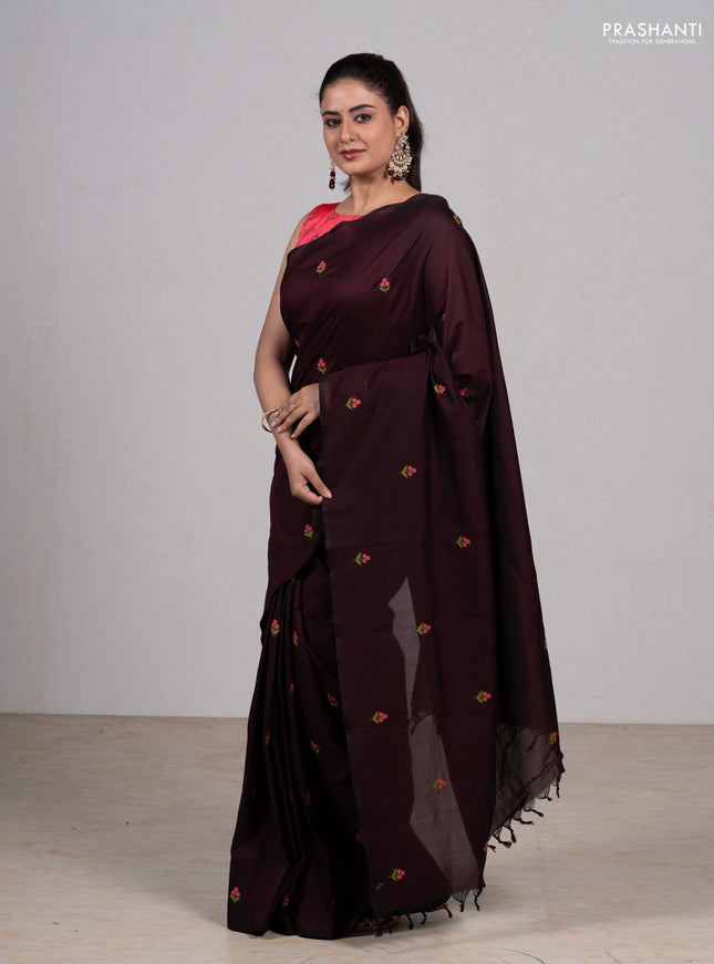 Coffee Brown & Candy Pink Semi Silk Cotton Saree - Embroidery