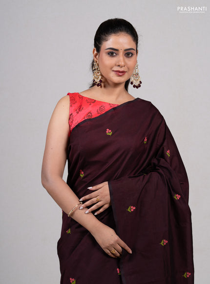 Coffee Brown & Candy Pink Semi Silk Cotton Saree - Embroidery