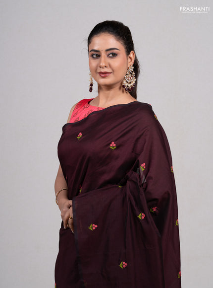 Coffee Brown & Candy Pink Semi Silk Cotton Saree - Embroidery