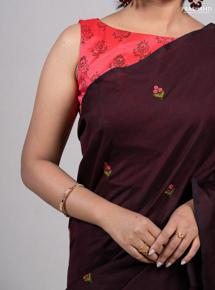 Coffee Brown & Candy Pink Semi Silk Cotton Saree - Embroidery