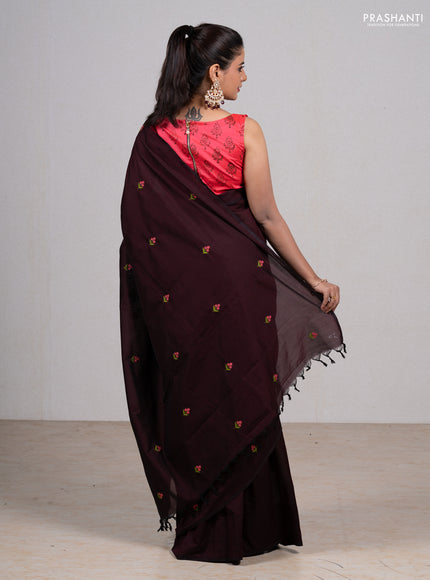 Coffee Brown & Candy Pink Semi Silk Cotton Saree - Embroidery